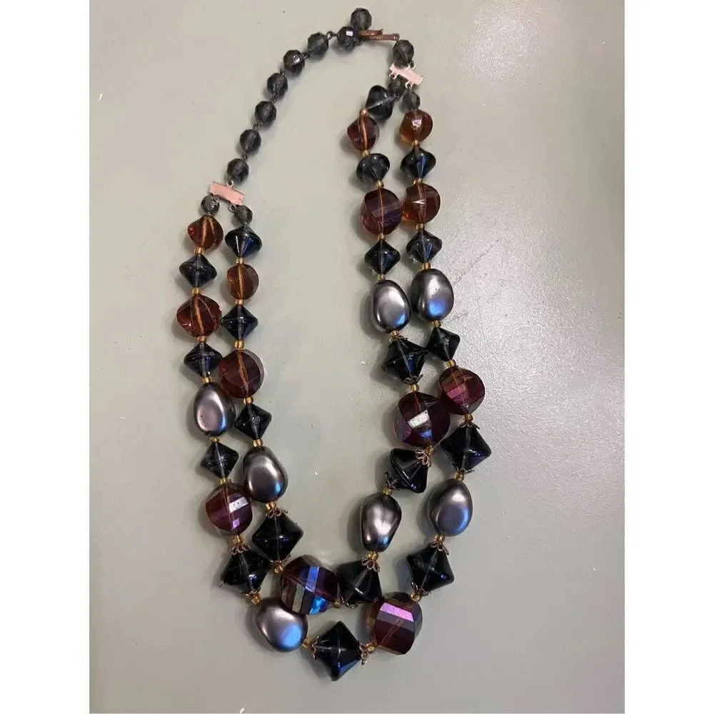 Women’s Gray Brown Amber Vintage Double Strand Beaded Necklace vintage‎